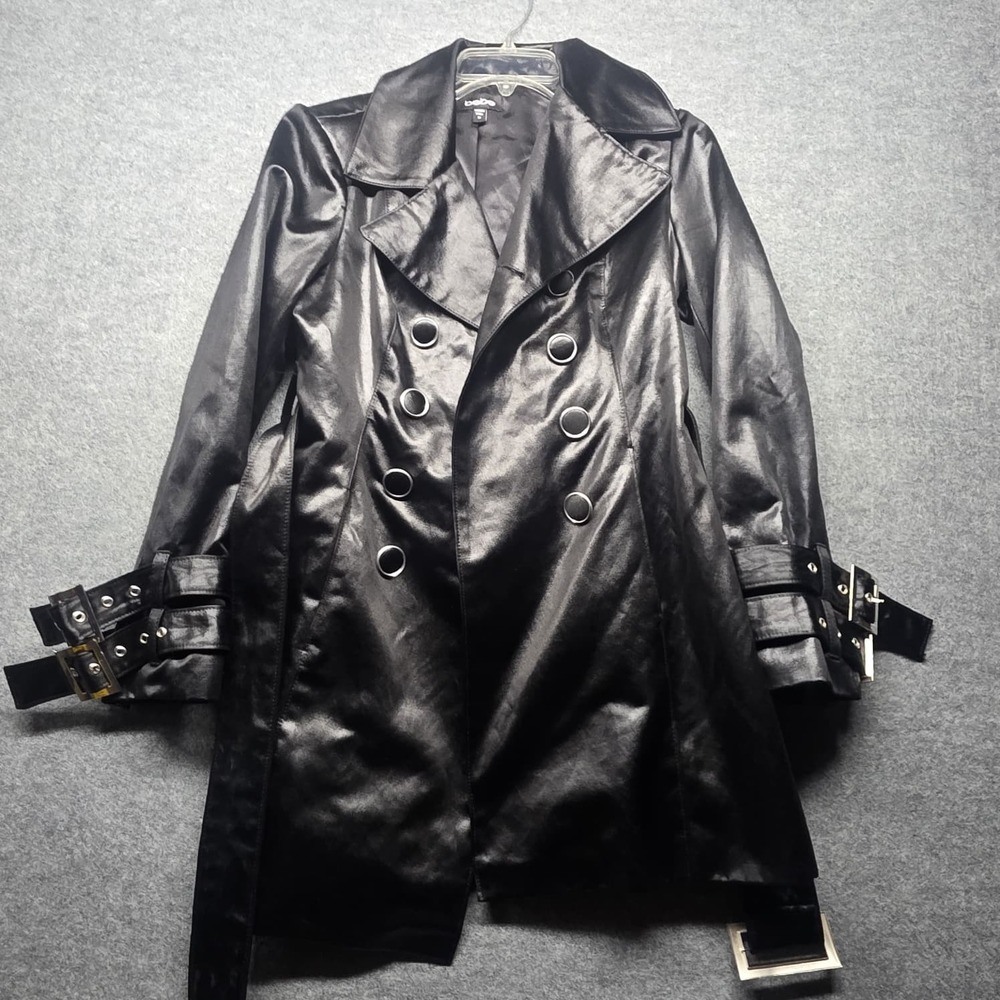 Bebe Black Faux Leather Trench Coat Women's M Double Breasted Belted Jacket